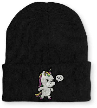 tshirtladen Einhorn NÖ Statement Mütze mit Spruch Beanie schwarz Unisex OneSize Bestickt lustig für Alltag Büro Freizeit klare Meinung Zeigen mit Humor Einhorn Stick auf Strickmütze