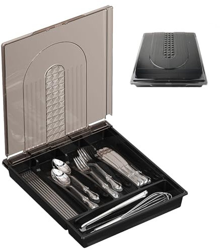beijieaiguo Besteckkasten mit Deckel, Besteckkästen mit 5 Fächern, tragbarer Besteckkasten, Besteckkasten für Schubladen, staubdicht, geeignet für Küche, Reisen, Camping, 33 x 28 x 4,5 cm, schwarz
