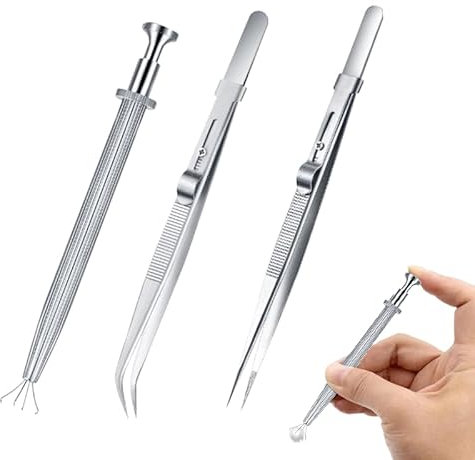 Vierone 3Pcs Piercing Tool Set - Stainless Steel Tweezer Clamp - Straight, Curved & Diamond Jewellery Tweezer - Piercing Ball Grabber