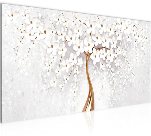 Runa Art Wandbild Baum Blumen 1 Teilig 100 x 40 cm Modern Bild auf Vlies Leinwand Abstrakt Wohnzimmer Schlafzimmer Weiß 046212a