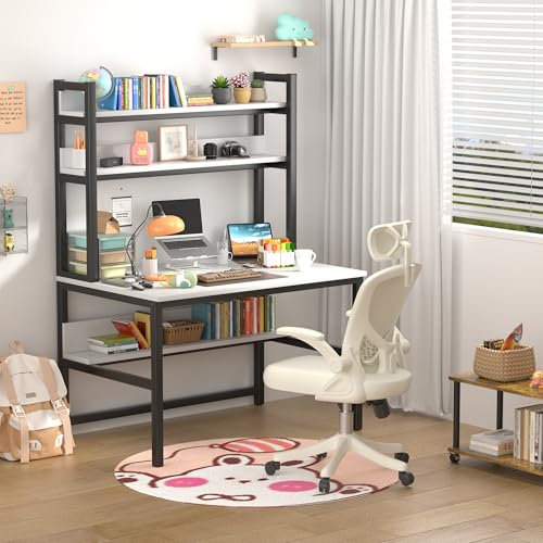 Aquzee Schreibtisch mit Aufsatz, 120 cm Schreibtisch Weiß mit Regal, 3-stöckigem Stauraum Regal PC Gaming Tisch, Platzsparend 2-in-1 Computertisch, Home Office Schreibtische & Arbeitsplätze