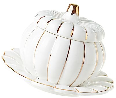 VICASKY Bol en céramique blanche en forme de citrouille - Bol à soupe avec couvercle pour de délicieux ragoûts et soupes - Idéal pour les fêtes d'Halloween et de Thanksgiving - 10 cm x 10 cm x 8 5 cm