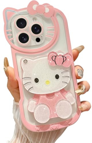 Steuscey Cute Cartoon Case Designed for iPhone 16 Pro 6.3 inch, 3D Bow Funny Cartoon Cat Case with Makeup Mirror for Girls Women Soft Silicone Clear Shockproof Phone Cover for iPhone 16 Pro, Pink