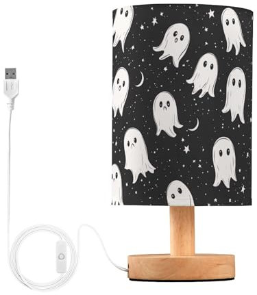 Fuauuyl Simpatico mostro bianco lampada da tavolo con porte di ricarica USB lampade da comodino per camera da letto lampada con paralume rotondo in tessuto di lino per soggiorno dormitorio camera da