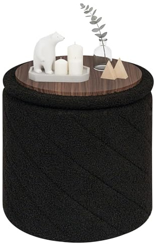 PINPLUS Round Ottoman Storage Box, Folding Stool, Black, 33x33x35 cm | Compact Vanity Stool, Padded & Soft Boucle, Converts to Coffee Table/Footstool, for Living Room, Bedroom, Dressing Room