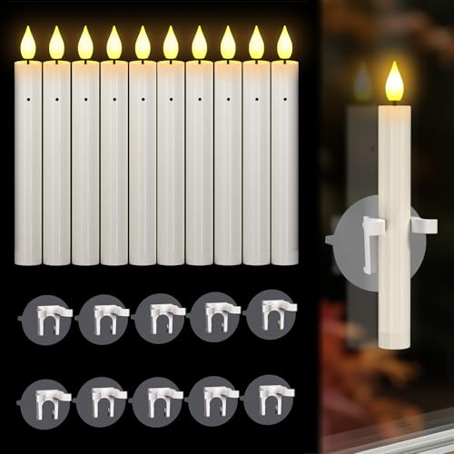 Ymenow Led Stabkerzen mit Dämmerungssensor, 10 Stück Elektrische Kerzen mit Dusk to Dawn Licht Sensorik und Saugnäpfe, Flammenlose Stabkerzen für Halloween Fenster Kamin Weihnachten Decor