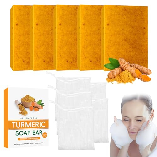 Uoxmiy 5 Pcs Turmeric Soap Bar, Natural Handmade Turmeric and Kojic Acid Soap with Foaming Nets for Face & Body Acne, Moisturizing Restoring Elasticity Luster and Tightening Pores