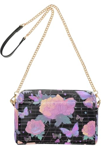 Kleine Crossbody-Tasche für Damen, veganes Leder, Vapor-Stil, Rosen, Schmetterling, verträumte Damen-Umhängetasche, wasserdicht, Umhängetasche