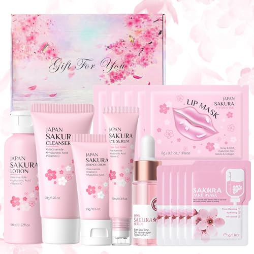 Japan Sakura Hautpflege Set für Teenager-Mädchen,16 Stück | mit Gesichtscreme,Reiniger,Toner,Augenserum,Serum für Gesicht,Schlammmaske,Lippenmaskem für Teenager-Mädchen und Frauen