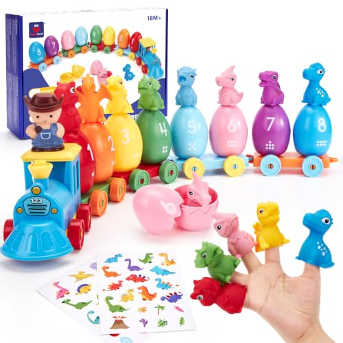 hahaland Dinosaurier Montessori Spielzeug 2 Jahre, Zug Spielzeug für Kinder | Mit Dino-Ei-Design, Fingerpuppen & Stickern, Kinderspielzeug ab 2 Jahren zum Zählen, Sortieren & Zuordnen, Geschenk 2–4 Jahre