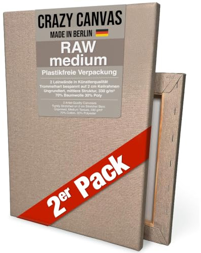 CRAZY CANVAS Leinwand zum Bemalen RAW Medium 80x120 cm, 2er Pack | Ungrundierte Leinwand auf Keilrahmen - mittlere Struktur, Leinenoptik, 330 g/m² - Premium Kunstbedarf Made in Berlin