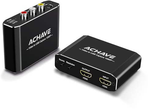 ACHAVE Video a USB Audio Video Capture & Live Streaming Device con uscita HDMI - Ingresso HDMI, AV, RCA, S-Video, VCR, VHS, Video8, Hi8, DVD, sistemi di gioco - USB-C Plug & Play