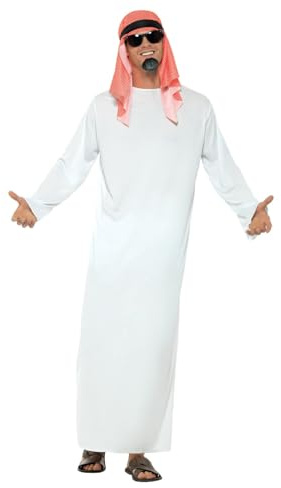 Smiffys Fake Sheikh Costume, White with Long Tunic & Headdress, Around The World Fancy Dress, Around The World Dress Up Costumes