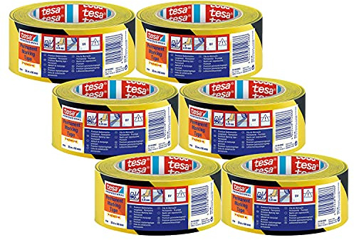 tesa Professional 4169 Permanent Floor Marking Tape - 6 Rolls - Yellow | PVC warning tape for indoor and outdoor use - suitable for delicate and rough floors - 33 m x 5 cm per roll