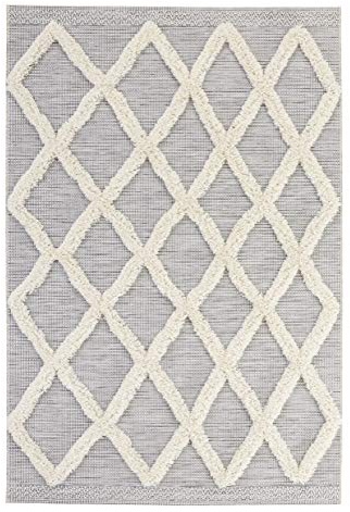 Mint Rugs Ayoun Teppich – Wohnzimmerteppich Flachgewebe mit Hochflor Absetzung im Ethno Design, kuscheliger Vintage Läufer für Wohnzimmer, Schlafzimmer, Esszimmer, Flur – Creme Grau, 77x150cm