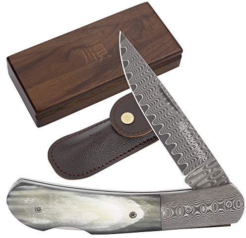 YOUSUNLONG Pratico coltello da tasca pieghevole Totale 175 mm in acciaio di Damasco giapponese - manico di megafono Include fodero in pelle e scatola di coltelli in legno