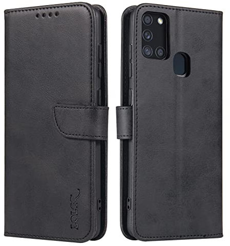 LOLFZ Wallet Case for Samsung Galaxy A21S, Vintage Leather Book Case with Card Holder Kickstand Magnetic Closure Flip Case Cover for Samsung Galaxy A21S - Black