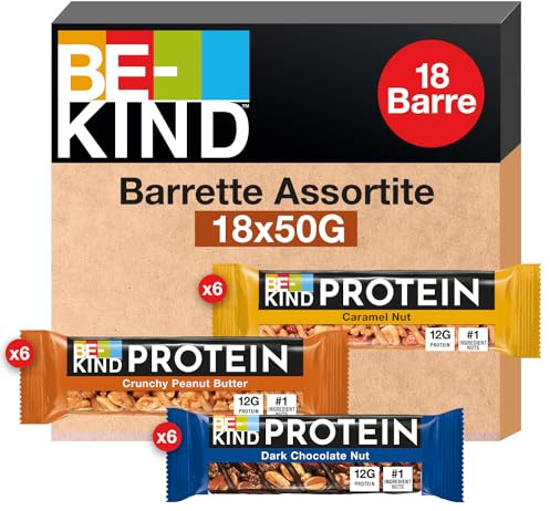 BE-KIND Protein Barretta Proteica, Confezione Mista in 3 Gusti diversi, Snack Proteico Senza Glutine, 12 gr di Proteine, 1 Confezione x 18 Barrette da 50 gr