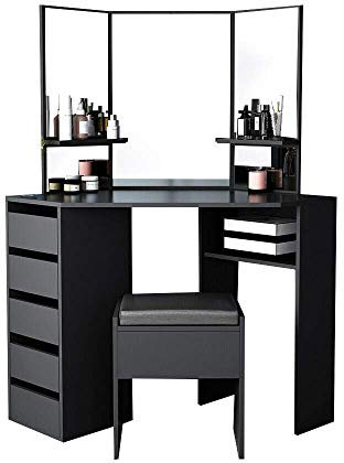 Panana Coiffeuse, Table de Maquillage de Coin en MDF avec 3 Miroirs, 5 Tiroirs, 1 Compatiment et Tabouret pour Chambre, 109 cm (L) x 55 cm (l) x 140 cm (H)(Noir)