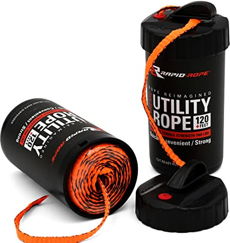 Rapid Rope Canister 120ft Orange Flat Tactical Paracord, Made in USA, 1100lb Tested Heavy Duty Poly Rope Test Cord, Non-Tangle Dispenser Included - Perfect Stocking Stuffer or Gift for Men and Women
