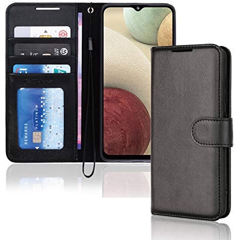 TECHGEAR Coque Galaxy A12 Étui Portefeuille en Cuir, Housse avec Rabat de Protection Fentes pour Cartes Béquille et Dragonne, Stand Fonction, Faux Cuir PU Compatible avec Samsung Galaxy A12 [Noir]