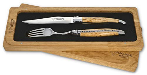 Laguiole en Aubrac - 1 Steakmesser und 1 Gabel Besteck-Set - Griff Birkenholz - Original Frankreich mit Zertifikat