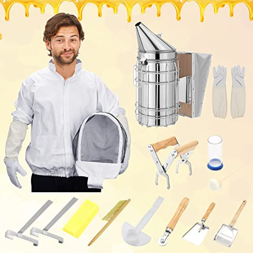 MATHOWAL Imkerei-Werkzeugset 12-Teilig, Imkereibedarf Imker-Zubehör, Deluxe Imker-Starter-Kit Imkerei-Jacke Bienenräucher Bürste Imker Notwendiges Bienenzubehör Imkereiausrüstung für Profis, Anfänger