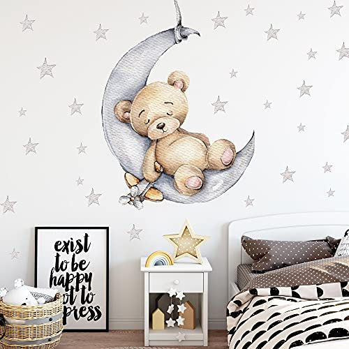 WANDKIND Bär auf dem Mond Wandtattoo Kinderzimmer V265 | handgezeichnet | AUFKLEBER Kindergarten | Wandsticker Teddybär mit Sterne Teddy (40 x 55 cm)