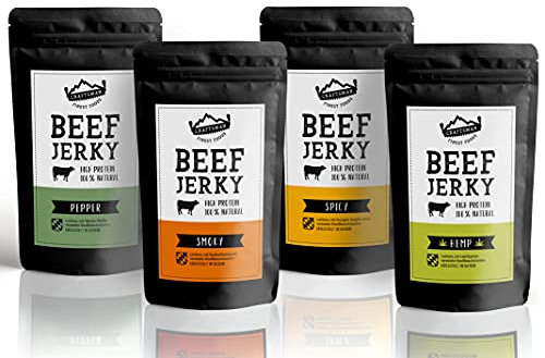 Craftsman Beef Jerky | Set 4 x 100 g = 400 g Probierpack | Aus Deutschland - Bayern | Dörrfleisch Mix | Protein 68% | Trockenfleisch | 100% Natürlich | Ohne Zucker | Hanf Pfeffer Smoky Chili