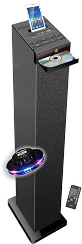 gef-roy Enceinte Colonne avec Lecteur CD, Bluetooth, FM et USB, 60W, télécommande, Jeu de lumière OVNI LED