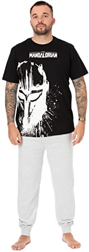 Star Wars The Mandalorian Mens Pyjamas | Adults Black Loungewear Pants & T-Shirt PJ Set | Helmet Graphic Nightwear Bundle | Short Sleeve Tee Long Leg Bottoms Sci-fi Pajama Merchandise Gift for Him