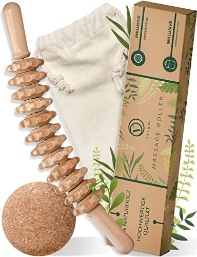 Massage - Körper - Rolle von VALERI® Massageroller aus robustem Buchenholz inkl. Kork Massageball & Aufbewahrungstasche - Massagegerät für gestraffte Haut und bessere Durchblutung der Hautgewebe