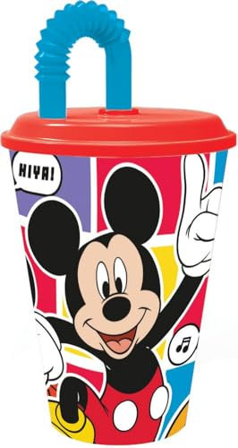 Disney Bicchiere rosso e azzurro per bambini in plastica Mickey Mouse Topolino 430 ml con cannuccia e coperchio flessibile
