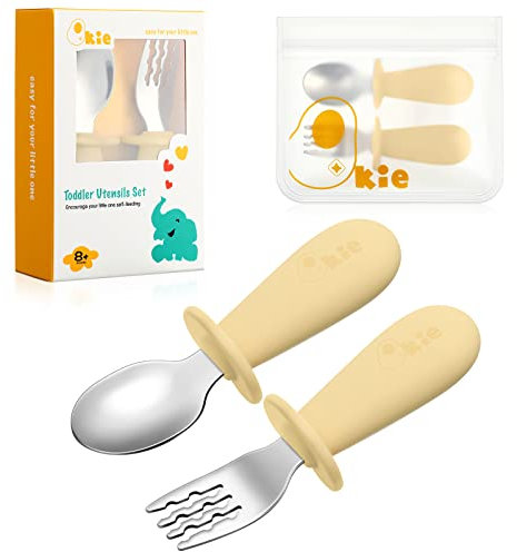 Qkie Couverts pour Enfants et Bébé - En Acier Inoxydable avec Poignées en Silicone - Fourchette et Sac de Rangement Inclus - Apprentissage 10 Mois+