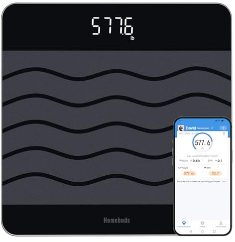 Homebuds 300kg Digitale Personenwaagen Waage mit Gewicht und BMI, Smarte Körperwaage mit Smartphone App Sync via Bluetooth, 8 mm Hartglas mit extra-breiter Plattform, Schwarz