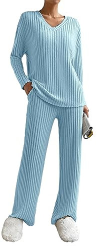 SotRong Lounge Wear Sets Damen Freizeit Anzüge Zweiteiliges Outfit Trainingsanzug Set Lange Ärmel V Ausschnitt Baggy Pullover Tops Weites Bein Lange Hosen Blau S