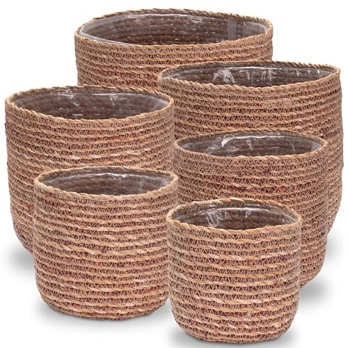 Decorasian Seegras Blumentopf – Übertopf geflochten – dekorativer Planzenkorb mit Folieneinsatz im Boho Stil - Natur/rot, 6er Set