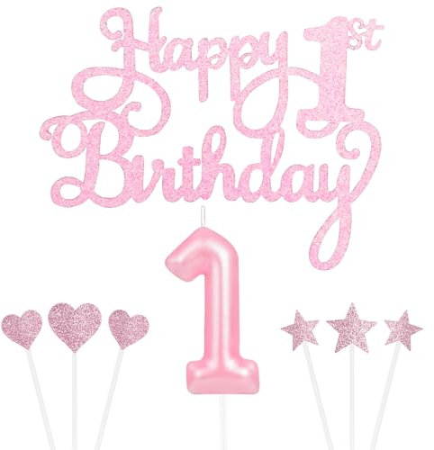 Personalised Happy 1st Birthday Cake Topper Set - Pink Number 1 Candles, Star Heart Cupcake Toppers, Decorations for Her Him Girls Baby First Birthday Anniversary (Set 8)