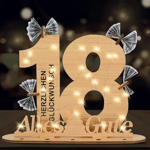 18 Geburtstag Mädchen Junge, Geldgeschenke Geburtstag 18 Alles Gute zum mit LED Lichterkette Ständer,Holz Geburtstags-Gästebuch 18.Geburtstag Deko,Coole Geschenkideen zum 18.Geburtstag Tischdeko.