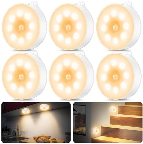 Lot de 6 veilleuses avec détecteur de mouvement, à piles AAA, marche/arrêt automatique, éclairage d'armoire, détecteur de mouvement intérieur, pour escalier, chambre à coucher, cuisine, chambre