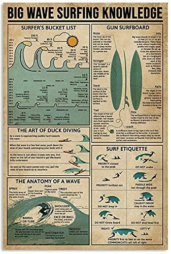 Oudrspo Vintage Metallschild Big Wave Surfing Knowledge Poster Blechschild Plakette Retro Wanddekoration für Zuhause, Büro, Badezimmer, Bar, Club, Café, Männerhöhle, 20,3 x 30,5 cm
