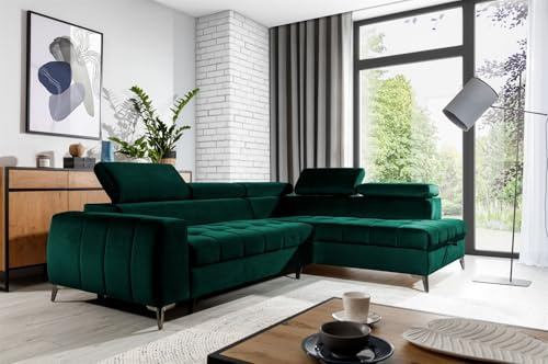 Fun Möbel Ecksofa Schlafsofa Sofa AGNESA Stoff Salvador (Dunkelgrün, Seite: Rechts)