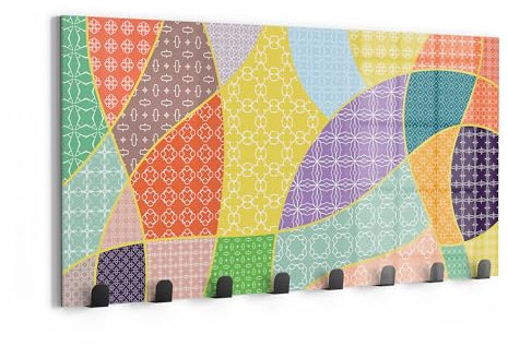 DEQORI Wandgarderobe Glas & Metall | Motiv Bunte Musterwelt | 60x30 cm | Design Haken-Leiste modern | Garderoben-Paneel für Flur, Wohnzimmer & Schlafzimmer | magnetisch & beschreibbar