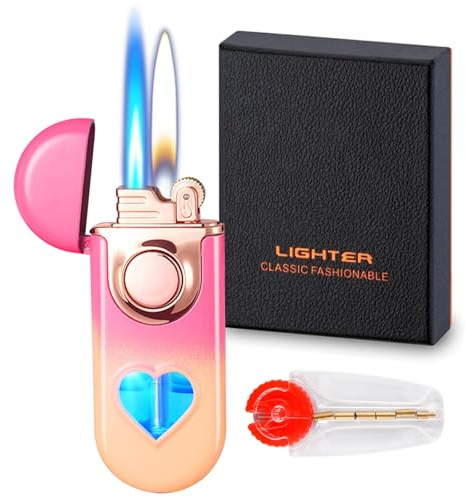 Briquet jet avec 6 pierres à silex, double flamme réglable coupe-vent (jet et doux) et fenêtre à gaz visible, briquet butane rechargeable pour extérieur et intérieur (sans butane) - Rose orange
