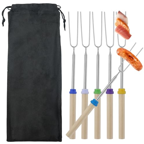 6 forchette da barbecue, bastoncini telescopici per arrostire marshmallow, allungabili, in acciaio inox, a forma di U, con manico in legno, spiedini per barbecue, campeggio, falò, camino, picnic