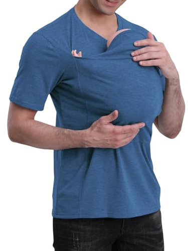 NARUPE Chemise porte-bébé multifonction kangourou pour homme avec poche pour papa et bébé col en V T-shirt décontracté à manches courtes, bleu clair, M