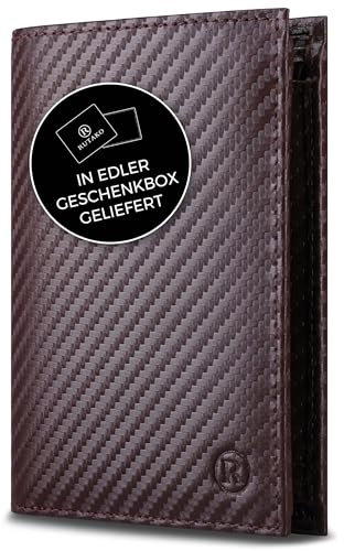 RUTAKO Leder Geldbörse Herren mit RFID Schutz - Portemonnaie Groß mit Münzfach - 12 Fächer - Geldbeutel für Männer - Brieftasche Wallet Portmonee Carbon-Braun
