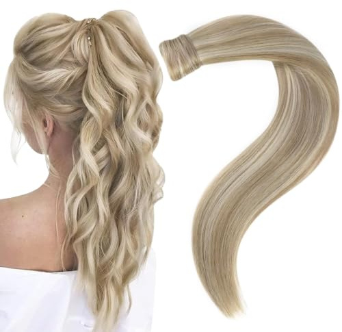 Easyouth Zopf Ponytail Extension Echthaar Pferdeschwanz Extensions Zopf 45cm Golden Blonde Mix Mittelblond Extensions Echthaar Ponytail #16P22 80g