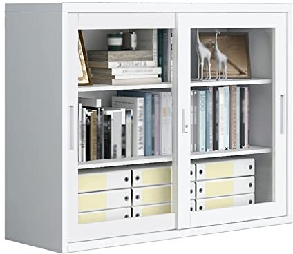 Grande armoire de rangement verrouillable en acier avec porte coulissante en verre transparent gris mat pour maison, bureau, garage, salle de classe