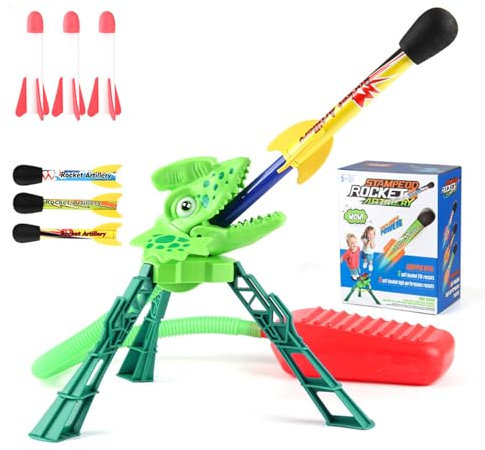 Qivange Rocket Launcher Toys for Kids, Dinosaur Rocket Toy for Boys Age 3 4 5 6 7 8 9 10 with 3 LED + 3 Foam Rockets, Outdoor Garden Toys for Boys Girls Gift Aged 3-10